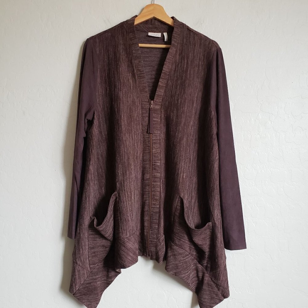 LOGO by Lori Goldstein Sharkbite Hem Zip Cardigan Faux Suede Sleeves Brown Large